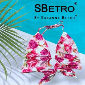 S Betro, Floral Rose Print Halter Bikini Top, Medium, Pink & White